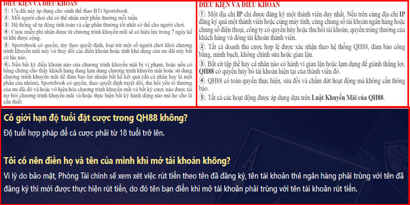 QH88 có bị phốt không? Bằng chứng chứng minh rõ ràng 2 Các quy định và điều khoản của QH88 luôn công bố minh bạch
