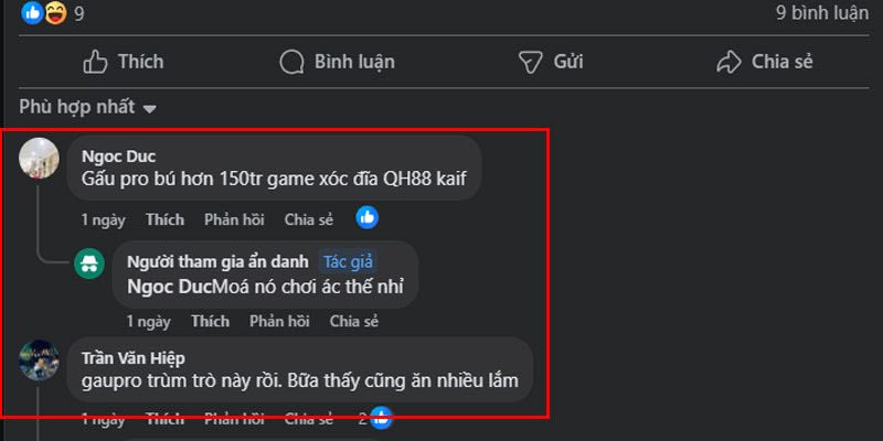 Tài khoản Gấu Pro lật kèo Xóc đĩa 30 giây ring về 150 triệu sau nửa tiếng 2 Người dùng trong nhóm xóc đĩa facebook bàn tán về gấu pro